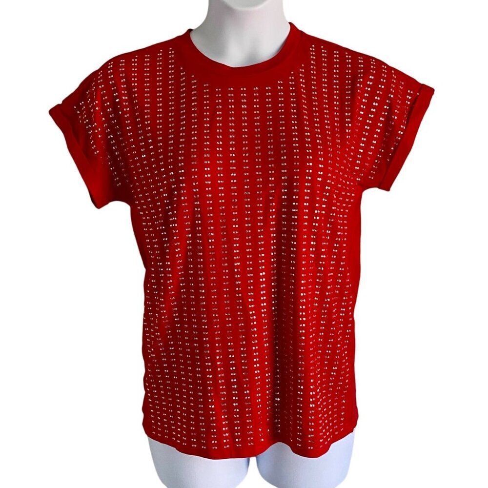 On Twelfth Red Short Sleeve Top Shiny Embellishments Women's Medium